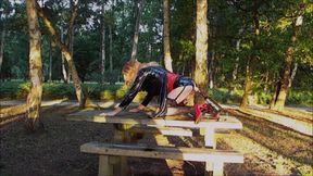 Crossdresser Having Fun With Fuck Machine Outdoors