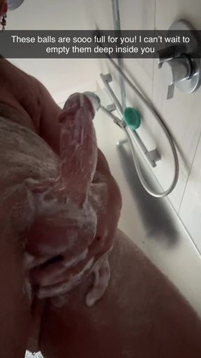 Big-balled amateur takes a shower with thick monster cock