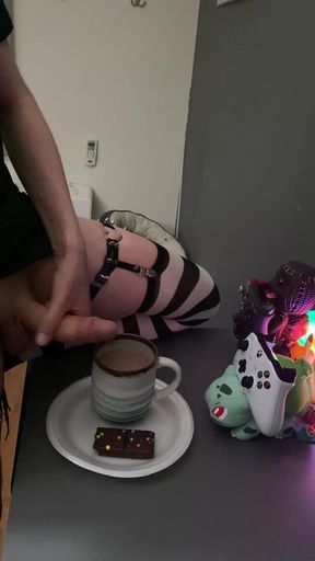 Femboy cums in his coffee and drinks it all