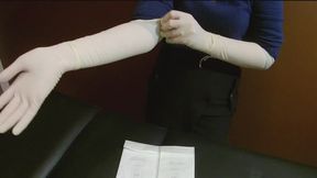 Handjob with latex surgical elbow gloves