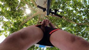 Bulging Young Man Moans with Pleasure in Park Jerking off a Summer Handjob