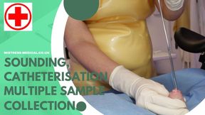 Latex nurse gives sounding, catheterisation and anal dilation with dildo and multiple sample collections.