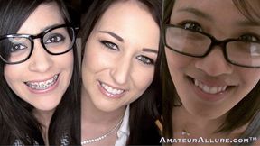 Nerdy girls give sensational double blowjob and swallow cum