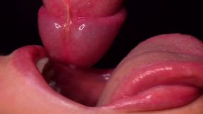She brings his excited cock to orgasm with her hot tongue and sexy lips.