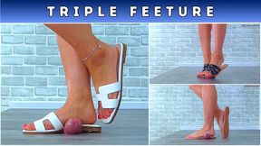 Triple Feeture - Popping Your Balls Under My Clear, Black & White Summer Slides (T4) - Slave POV - Cock Trample CBT Trampling Crushing Crush Standing Ballbusting Shoe Foot Feet Flats Sandals Fetish