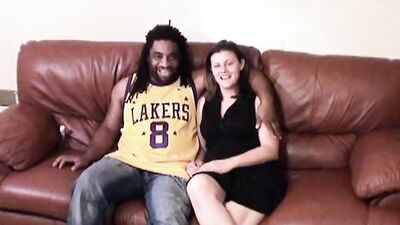 Curvy white woman is banged by two black guys at porn casting