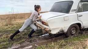 CAR STUCK Stuck in wet grass in high heeled boots