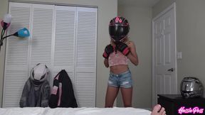 Ebony Spinner Moans While Big Latino Fingers Her Pussy!