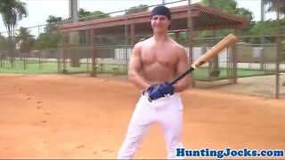 Baseball jock wanks cum during anal fucking