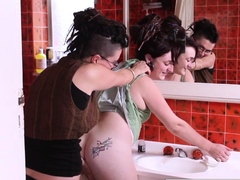 Hairy lesbian hippies pleasure each other in the bathroom