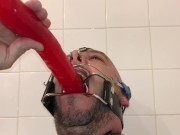 Deepthroating a long dildo with braces headgear spidergag and more