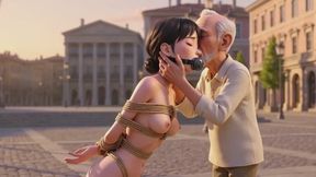 Public Rope Bondage - Old Man Caressing Desperate & Wet Woman