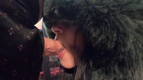 stepmom was face-fucked. cum on shiny and fluffy down-jacket.