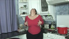 Two brunette BBW lesbians pleasuring each other in the kitchen