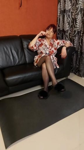 Smoking and foot fetish in pantyhose