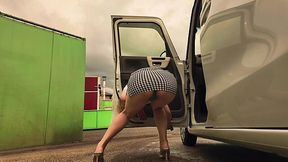 Japanese public fuck on a car wash with a hot MILF babe in skirt