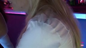 Blonde and brunette nurse give a thorough dick examination to a guy in a bar