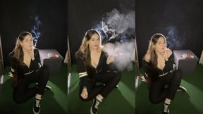 Smoking in a black and white outfit & sneakers. Full body view. Very visible smoke - Smokingapunzel - Smoking girl