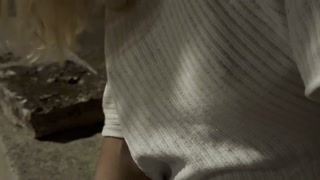 Wife in a see through blouse in a restaurant with people, husband touching her pierced tits public