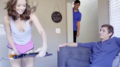Adorable girl is cheating on her boyfriend with his nerdy-looking stepbrother
