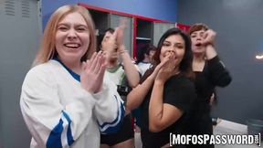 Cute little teen Spiraling Spirit sucks and rides a huge dick in front of her friends