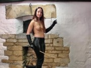 Blonde rubs big tits with leather masturbates in pantyhose femdom with whip