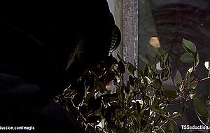Black TS fucks bound man and blonde