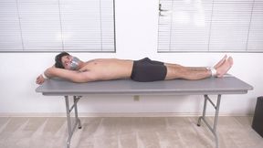 Standing In His Underwear Bound And Tape Gagged Diminutive Thief Blake Bullet Attempts To Flee His Predicament And Ends Up Tied Down To A Table! 4K Video Version