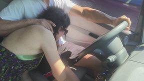 Hot MILF gives amazing public blowjob in car, flashes tits at beach, swallows huge cumshot