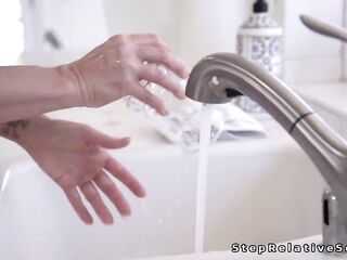 Stepson Kai Jaxon is caught when taking snaps of bare giant breasts older stepmom Alexis Malone in bath then that babe sucks and bangs him