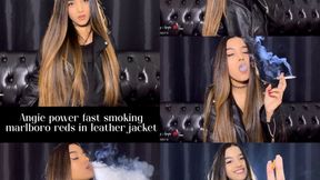 Angie power fast smoking marlboro reds in leather jacket