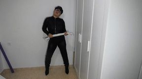 Slave cums on leather pants b