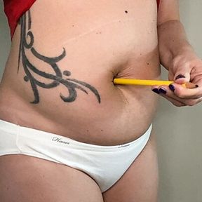 FTM hairy fucks big hairy belly button with a pencil.