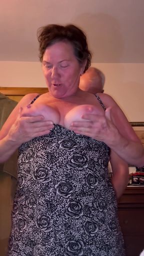 Busty milf cheats on her husband with a younger guy, showing off her perky tits