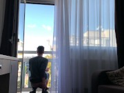 Vibrating dildo deep in ass , prostate stimulation on a balcony