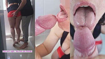 Married Wife in Red Lycra Shorts Blows Hubby's Friend in Laundry - Spit and Swallow