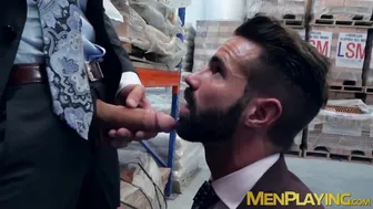 Classy businessmen in suits have hardcore anal sex at the warehouse