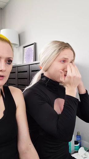 Crossdresser Bailey Wilde and Belyla Bradley Putting on Foundation and Eye Shadow