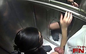Attractive exhibitionist couple blindfolded cfnm bj fun on the elevator