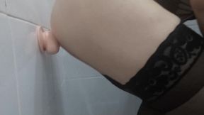 Cute shemale in lingerie masturbates with dildos in her ass