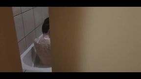 A bathing slut giving me a bj footjob cumshot
