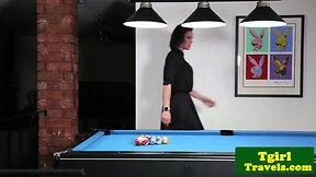 Busty trans trap tugs hard cock on pool table