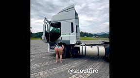 Busty wife showing off on the road riding a truck