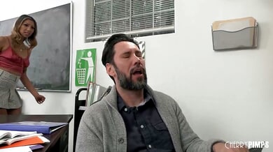 Petite student Kimora Quin catches teacher Tommy Pistol masturbating and pleasures him with rimming and reverse cowgirl