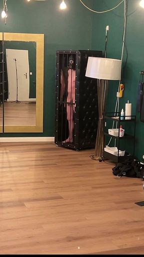 Mature Latex Dominatrix Commands Leashed Naked Slaves