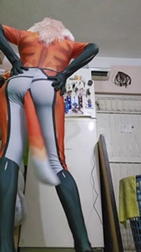 furry volpina cosplay kigurumi playing with a dick and vibrator