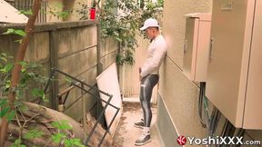 Yoshi Kawasaki jerks his bulge behind the fence and blasts his load