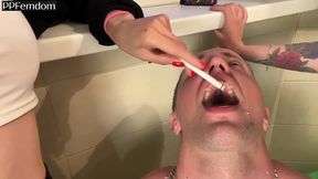 two bitchy girls smoke and humiliate a guy using his mouth as an ashtray