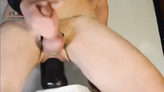 Solo male rides XXL dildo deep and shoots a thick cum load