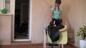 Equestrian girl dildo riding ripped pants